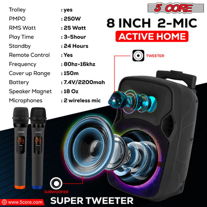 Portable Party Speaker 8" — Karaoke Boombox with 2 Wireless Mics