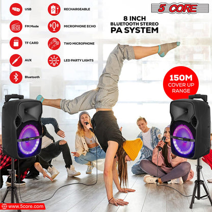 Portable Party Speaker 8" — Karaoke Boombox with 2 Wireless Mics